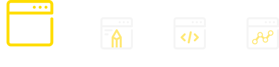 A horizontal navigation menu with four icons. The first icon, for 'Discover,' is selected and highlighted in yellow, showing a magnifying glass. The other unselected icons represent design, code, and analytics