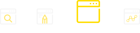 A horizontal navigation menu with four icons. The third icon, for 'Development,' is selected and highlighted in yellow, showing a magnifying glass. The other unselected icons represent design, code, and analytics