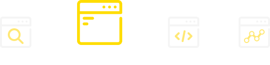 A horizontal navigation menu with four icons. The second icon, for 'Design,' is selected and highlighted in yellow, showing a magnifying glass. The other unselected icons represent design, code, and analytics