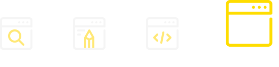 A horizontal navigation menu with four icons. The fourth icon, for 'Monitor,' is selected and highlighted in yellow, showing a magnifying glass. The other unselected icons represent design, code, and analytics